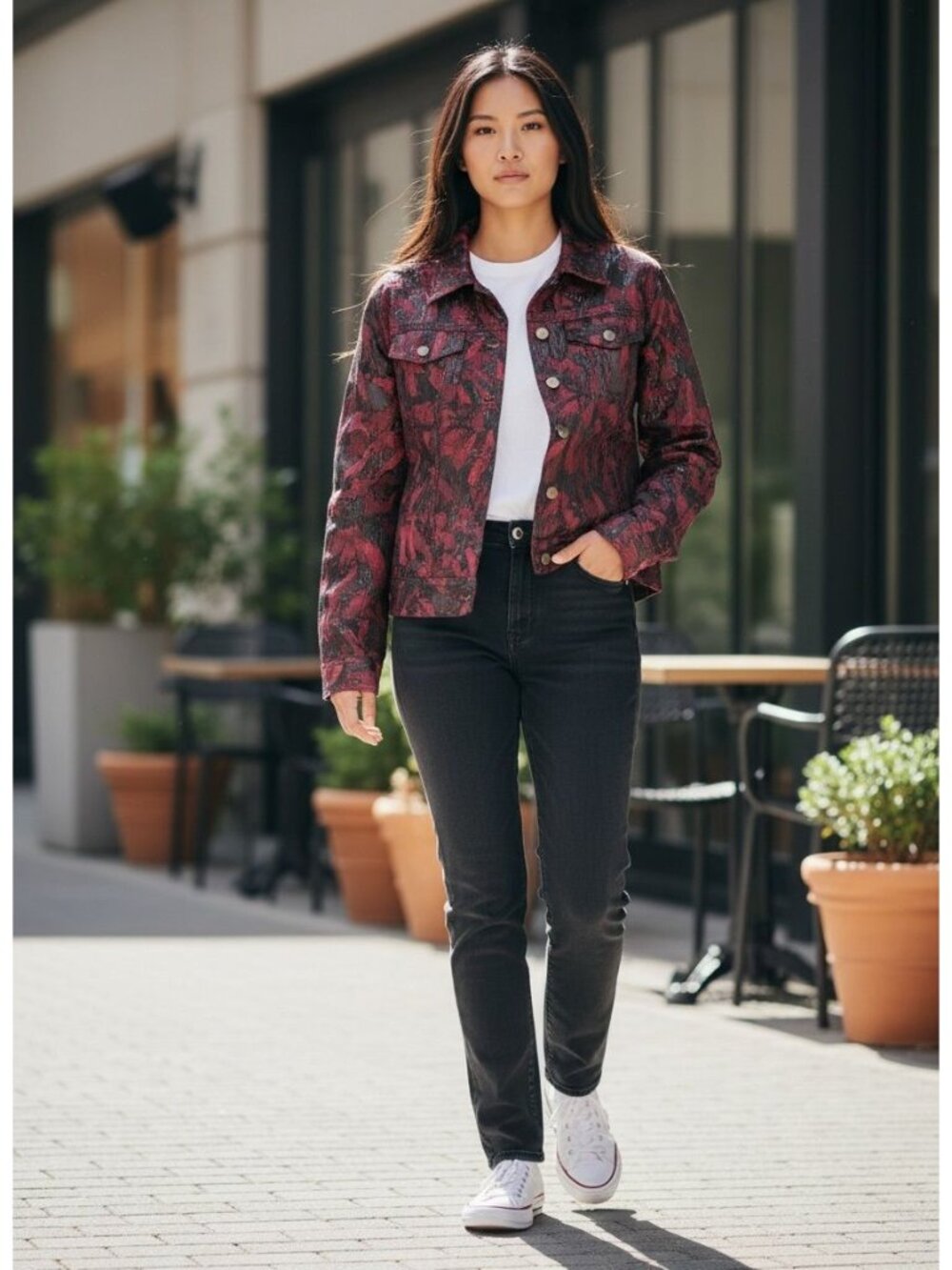 Ruby Rd. Womens Metallic Floral Print Jacket 10 Red Black Button-Front Polyester